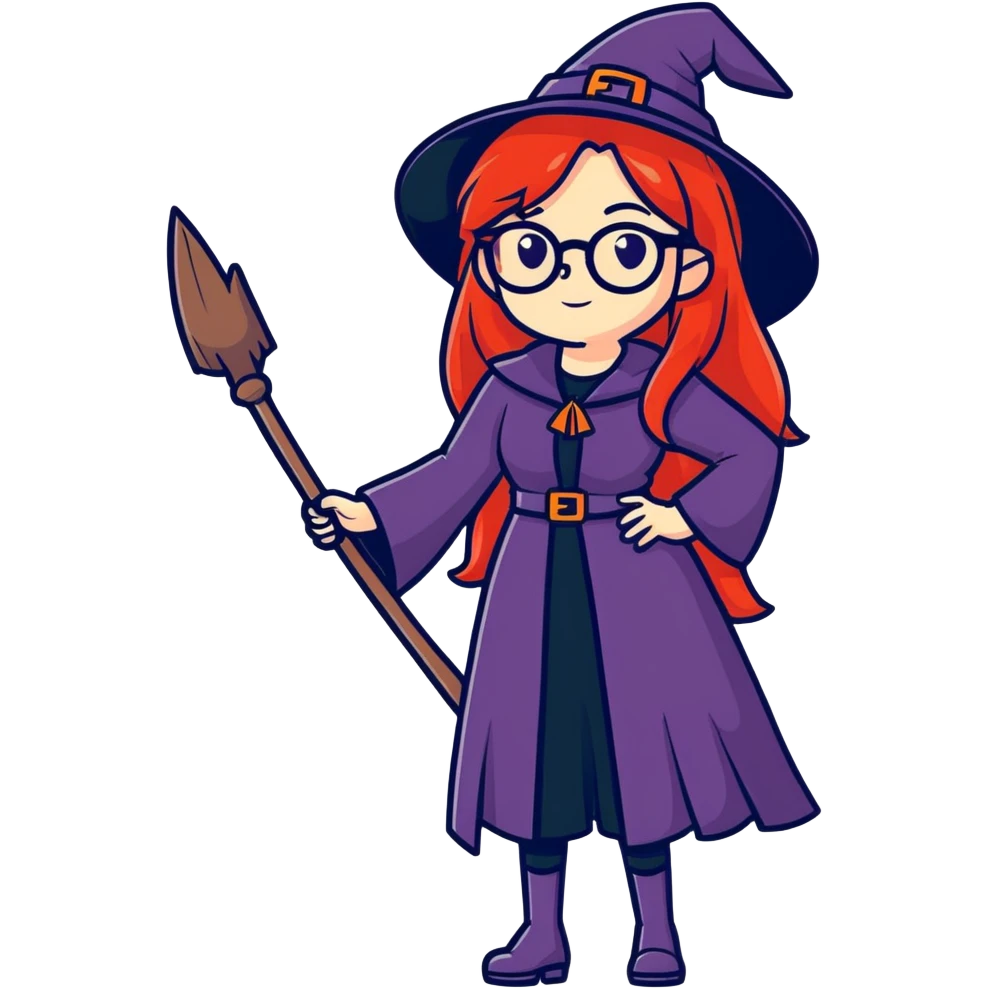 50-year-old sexy, long haired woman with red hair and glasses dressed up in a Halloween costume probably a witch emoji