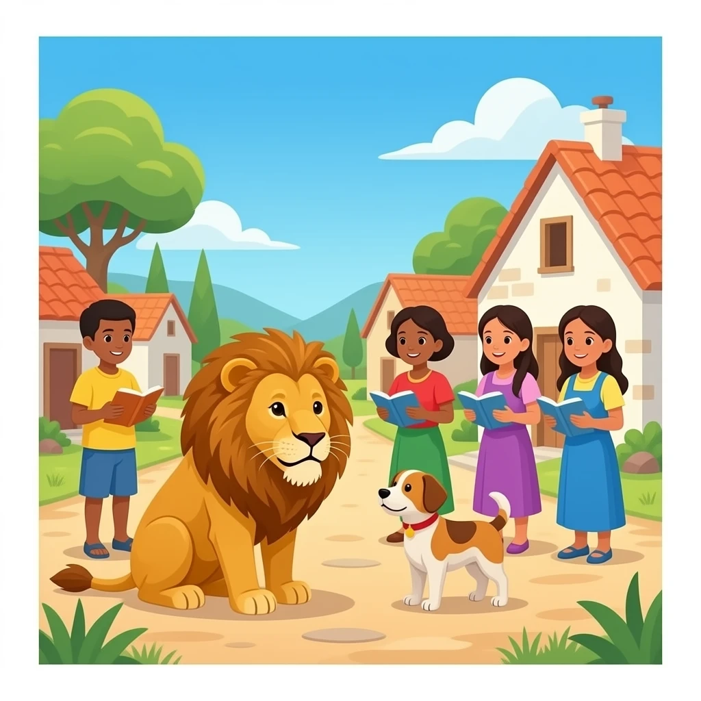 quiero que en un pequeño los habitantestengan que aprender a vivir con un leon y un perro por si un dia volvian peroq ue tenhan mido emoji