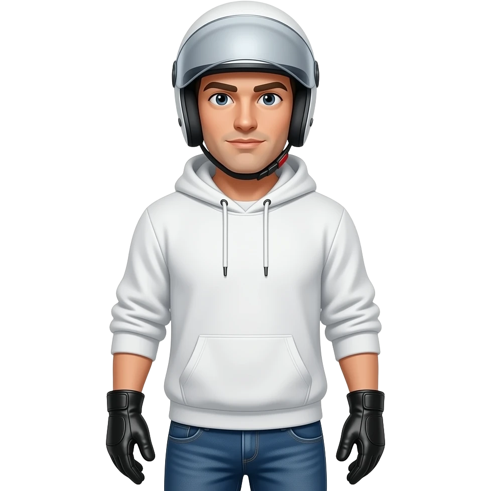 man wearing blue jeans, a white hoodie, black leather gloves, a white helmet with a face shield emoji