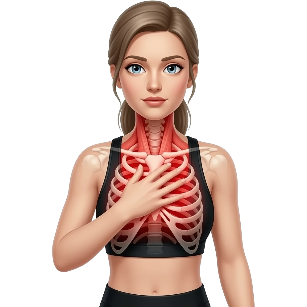 chest pain, anatomical highlight of the rib cage and chest muscles, full red glow over the entire chest area, woman touching upper chest, fair-skinned woman, gray-blue eyes, ash brown brows, ash light brown hair tied back, slim athletic body, black workout set emoji