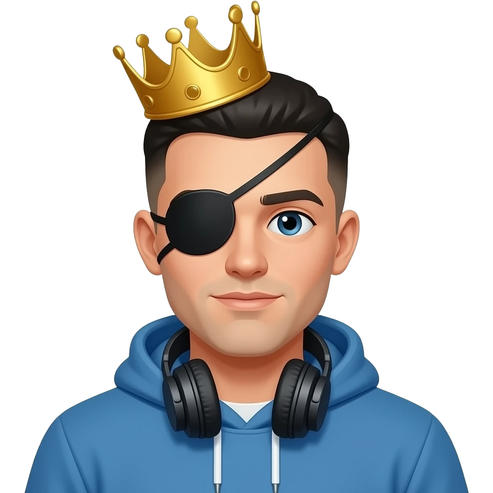 Make a man who has a blue hoodie with headphones on his neck have a crown with a black eyes cover black box and with a short white male black buzz cut and make him a white male Make the black covered box not attach to the head just on the head emoji