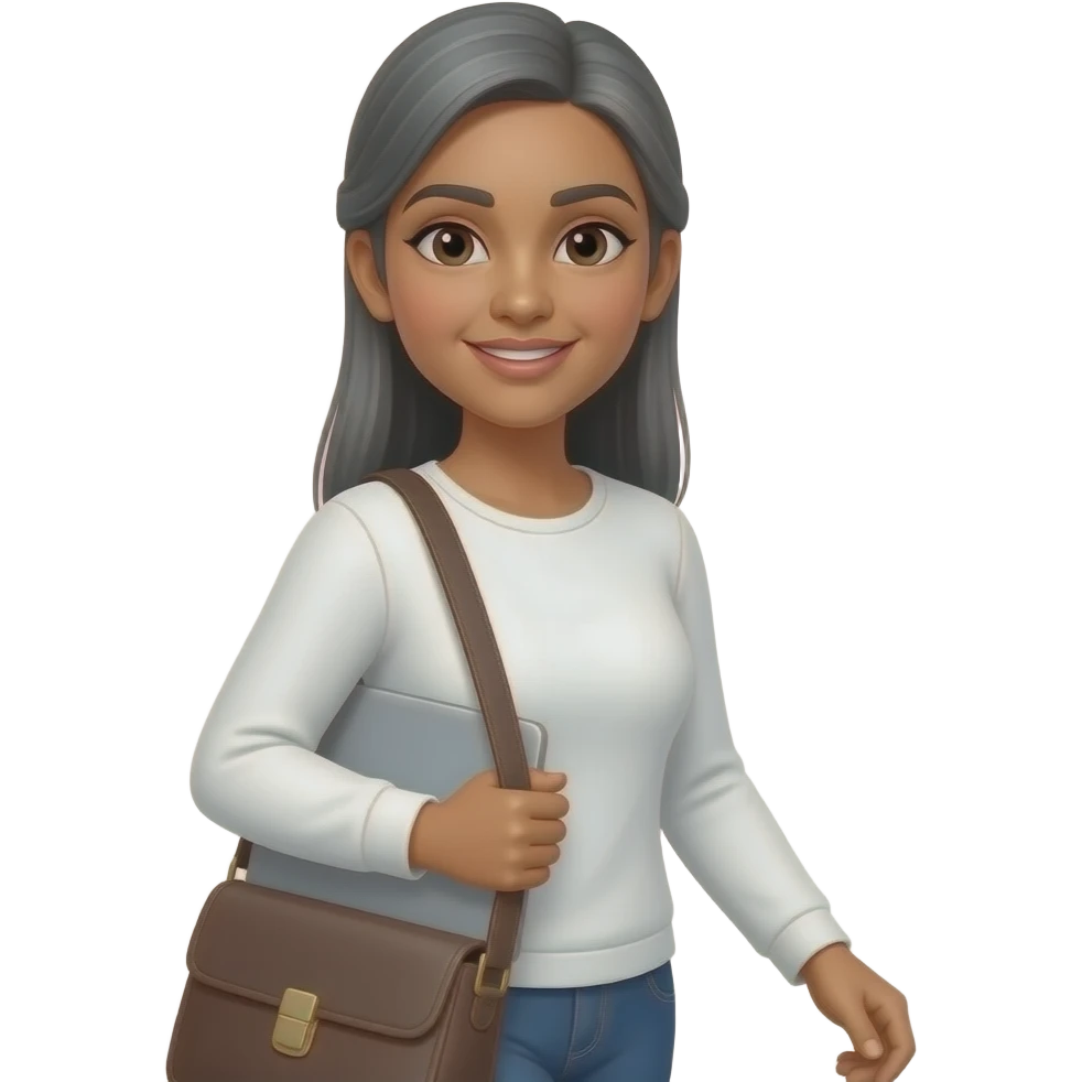 dark indian woman with long straight gray and long sleeve white top and laptop bag hair from the back as she walks out emoji