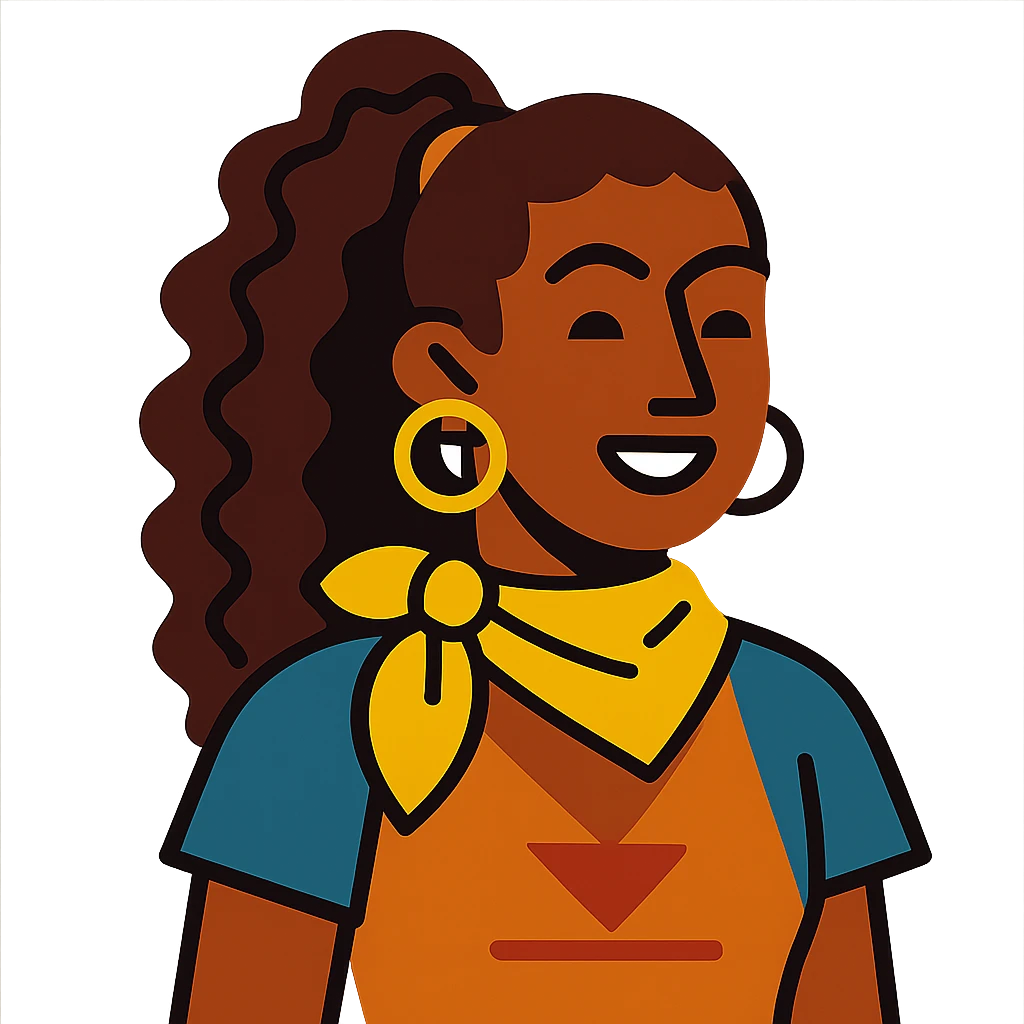 boho girl with brown skin, long curly brown hair in a high ponytail, lemon yellow scarf, round earrings emoji