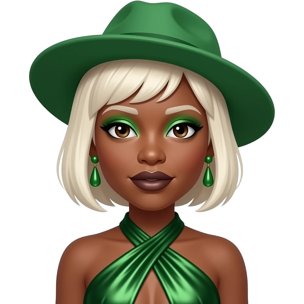 Cynthia Erivo with dark brown eyes, short platinum blonde hair, green hat, green eyeshadow, dark brown lipstick, dark green metallic halter dress, green earrings emoji