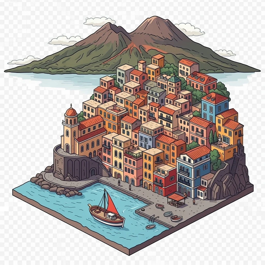 Isometric illustration of Naples, featuring colorful stacked coastal houses and Mount Vesuvius in the background, highly detailed in semi-realistic style with sharp outlines, balanced between stylized and realistic, 3D miniature effect, transparent background. emoji