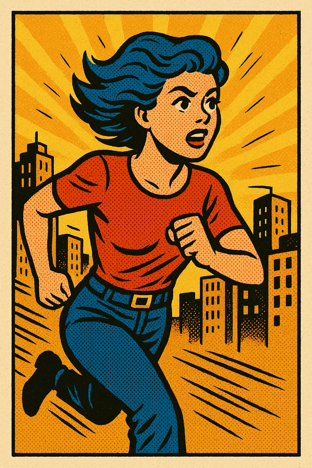 Woman with blue hair running in a city emoji