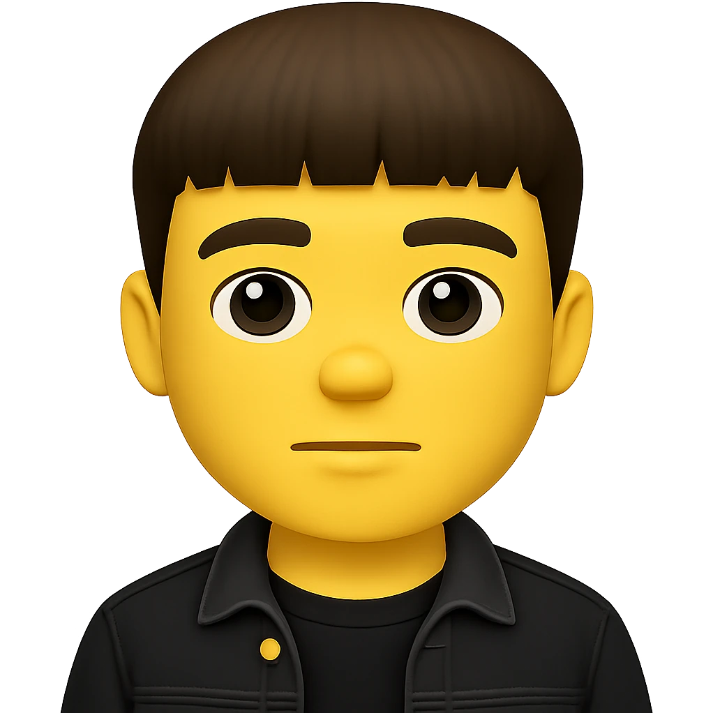 Create an emoji style image of a face wearing a black t-shirt and a black denim jacket. The style should resemble emoji but since emoji style does not support editing, use the general style editor to achieve the emoji look. Remove the background. emoji