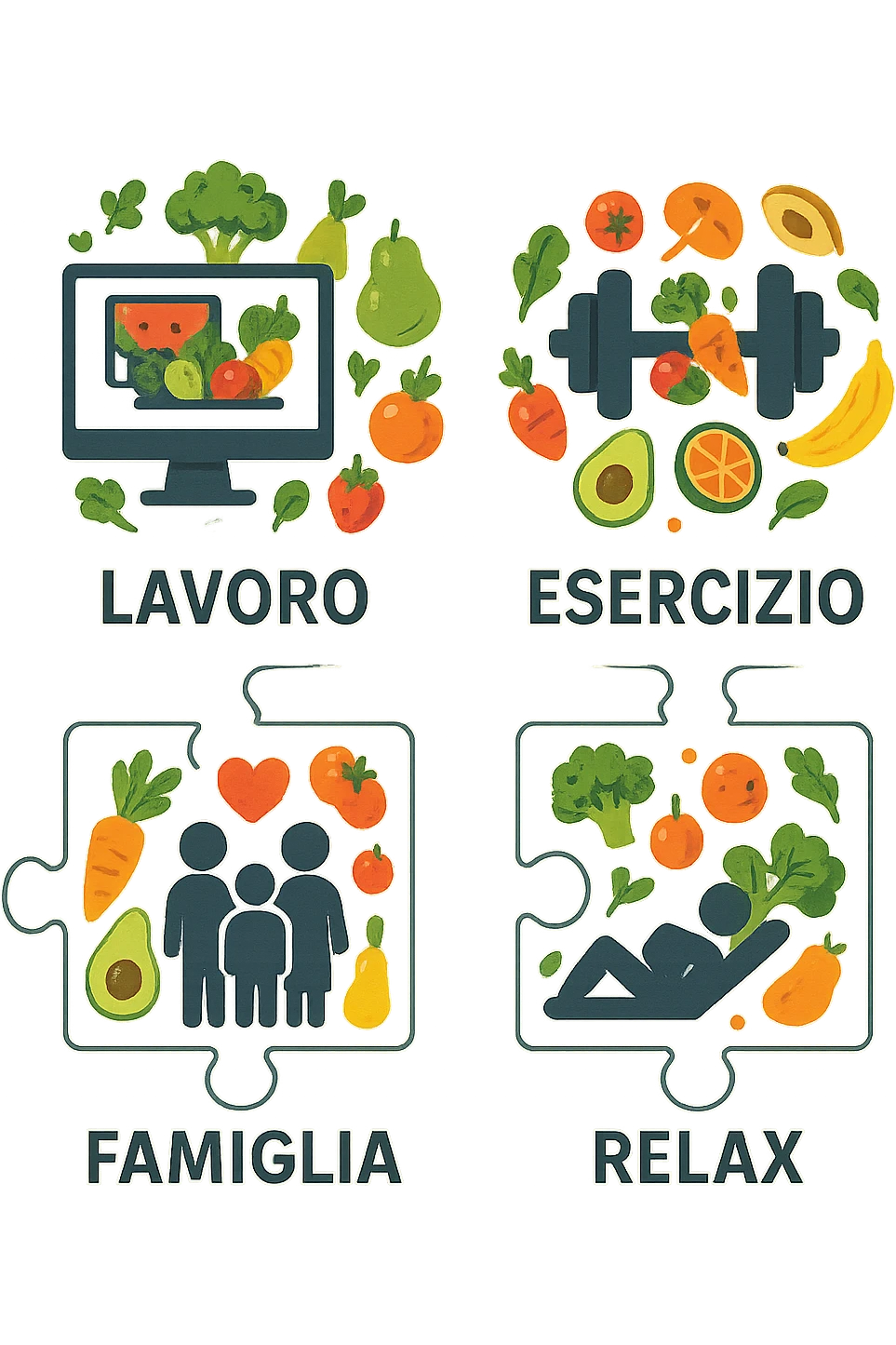 Puzzle (Lavoro, Esercizio, Famiglia, Relax), in lavoro metti icona di un PC, in Esercizio un Manubrio, in Famiglia una famiglia, in Relax qualcuno che riposa and healthy foods are integrated into each piece. in italiano emoji