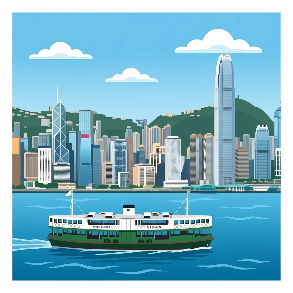 3D isometric miniature emoji of Hong Kong skyline with Victoria Peak view, dense skyscrapers, Victoria Harbour, Star Ferry, cute chibi style, rounded shapes, glossy vibrant colors, soft lighting, tiny diorama, minimal background emoji