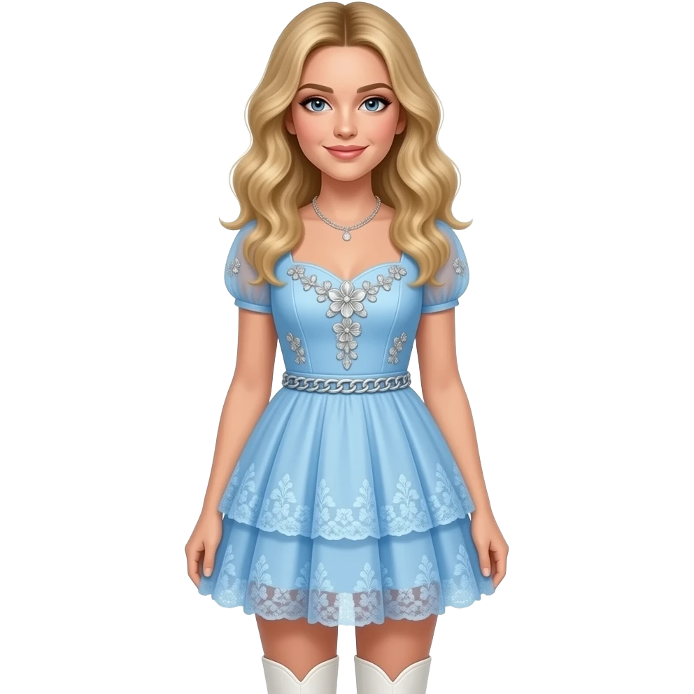 Sabrina carpenter honey blonde wavy hair wearing baby blue mini dress that has silver floral embellishments with sparkling chain-link belt at the waist. Skirt has a pleated chiffon overlay that opens up to layers of light blue floral lace. She is wearing white knee high boots emoji