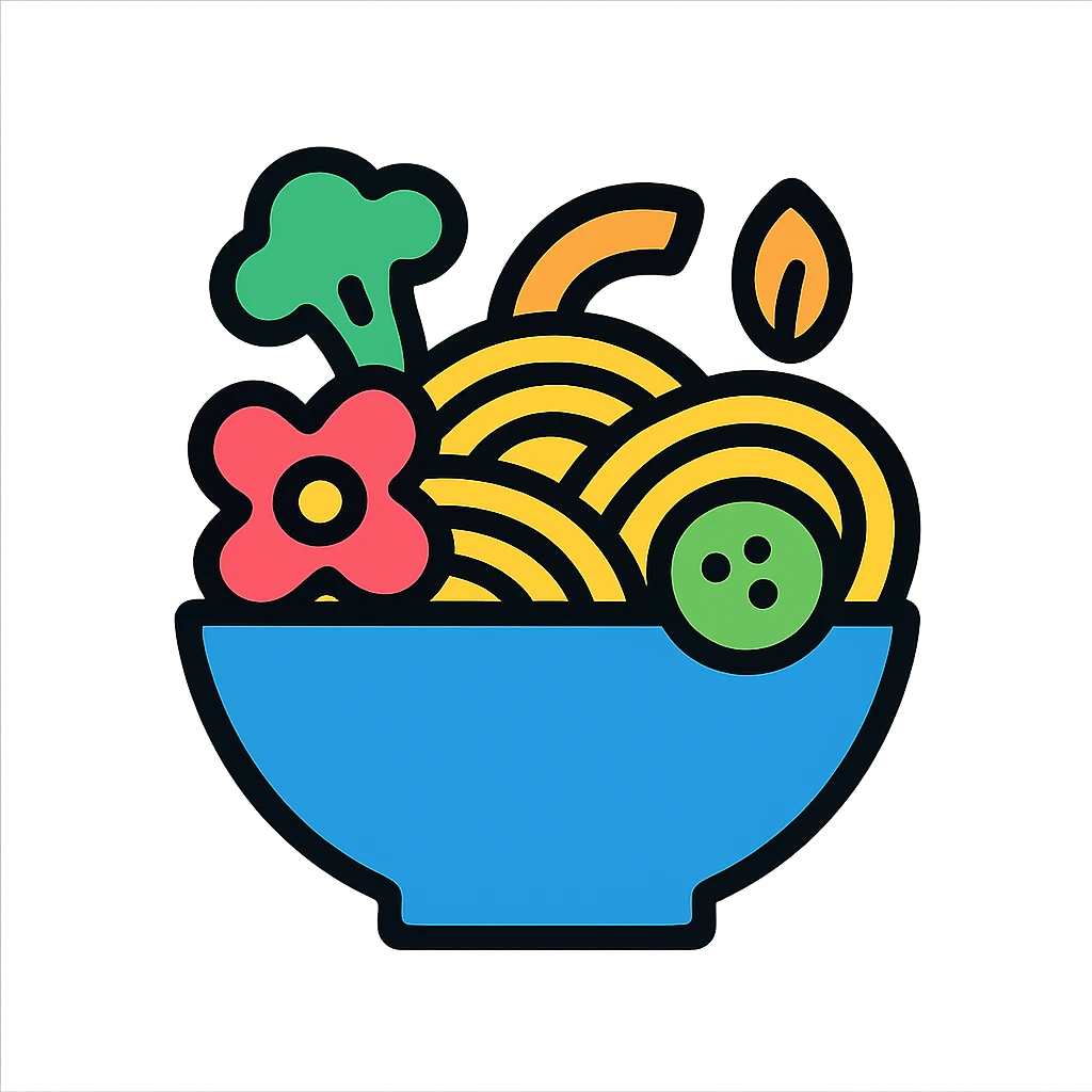veggie pasta with colorful vegetables in a bowl, appetizing, icon style, lineal color icon with black outlines emoji