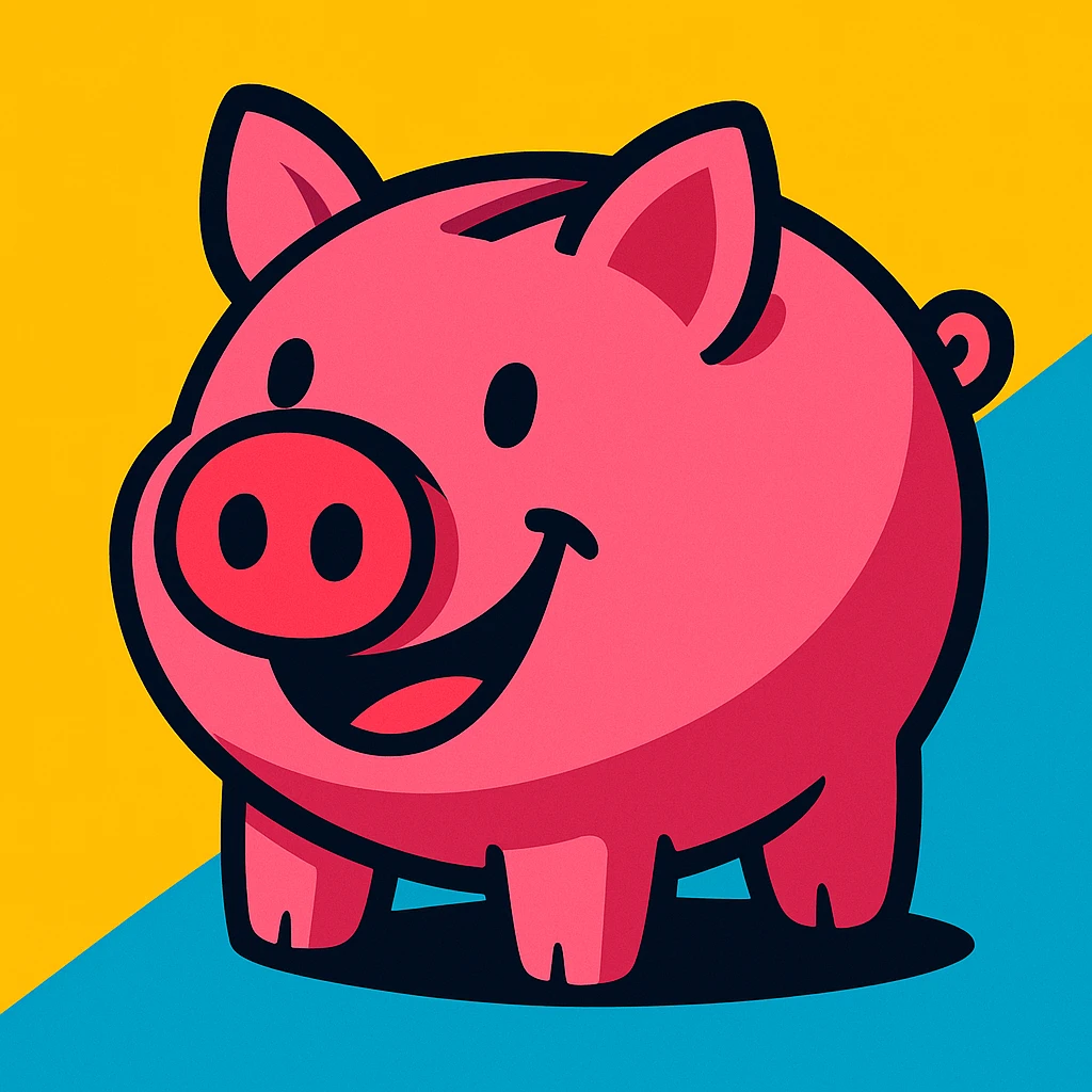 cute pink piggy bank with a round snout and a classic coin slot, bright highly saturated cartoon style, with a big smile emoji