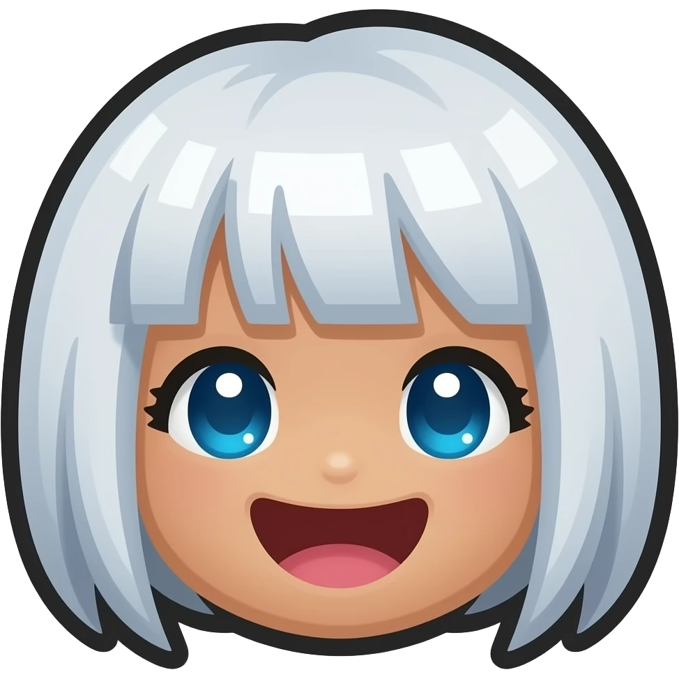 Made of square pixels 4-bit Chibi square pixelated head icon of a girl laughing white white short hair blue eyes pixel square eyes and brown skin emoji