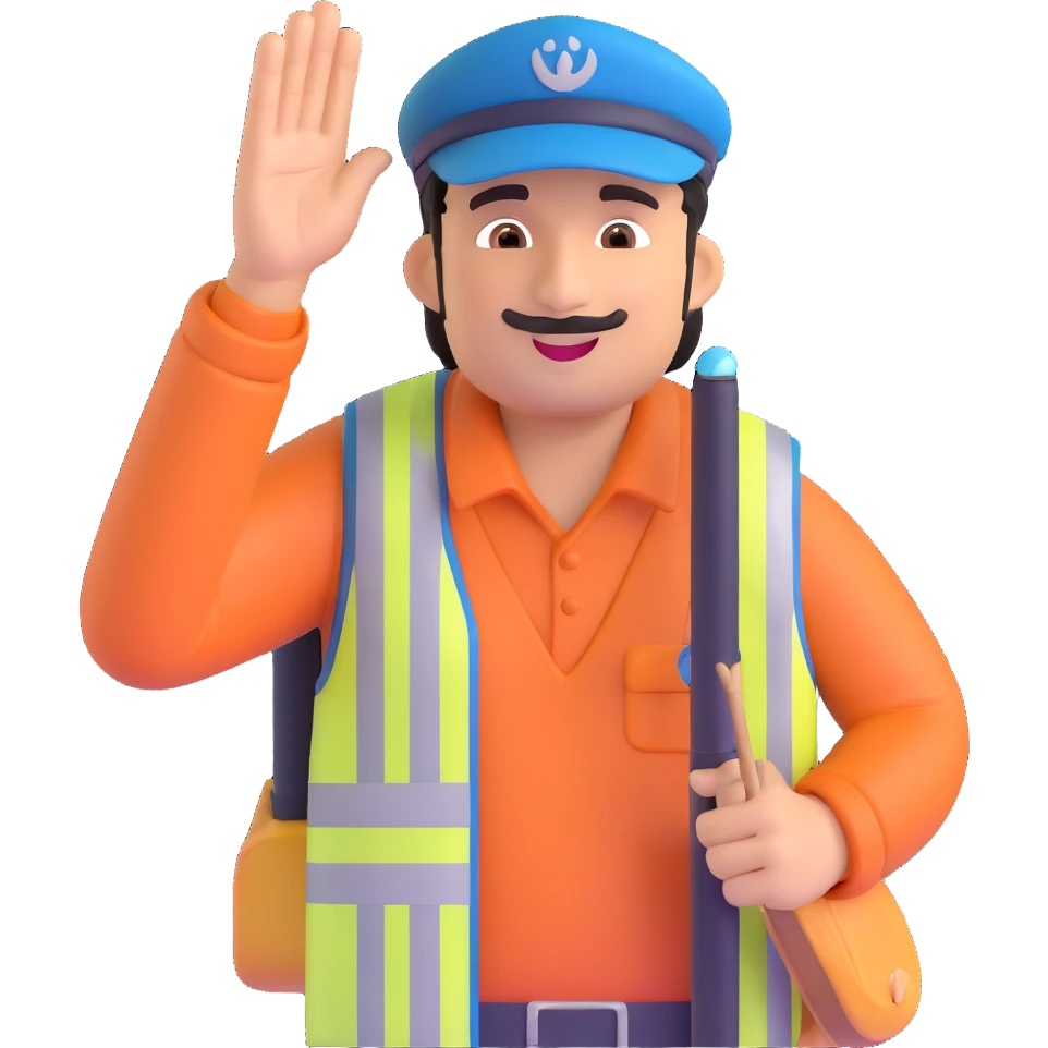 Pakistani bus conductor waving hand, wearing cap and vest, cheerful expression, holding whistle, South Asian features, minimal background emoji
