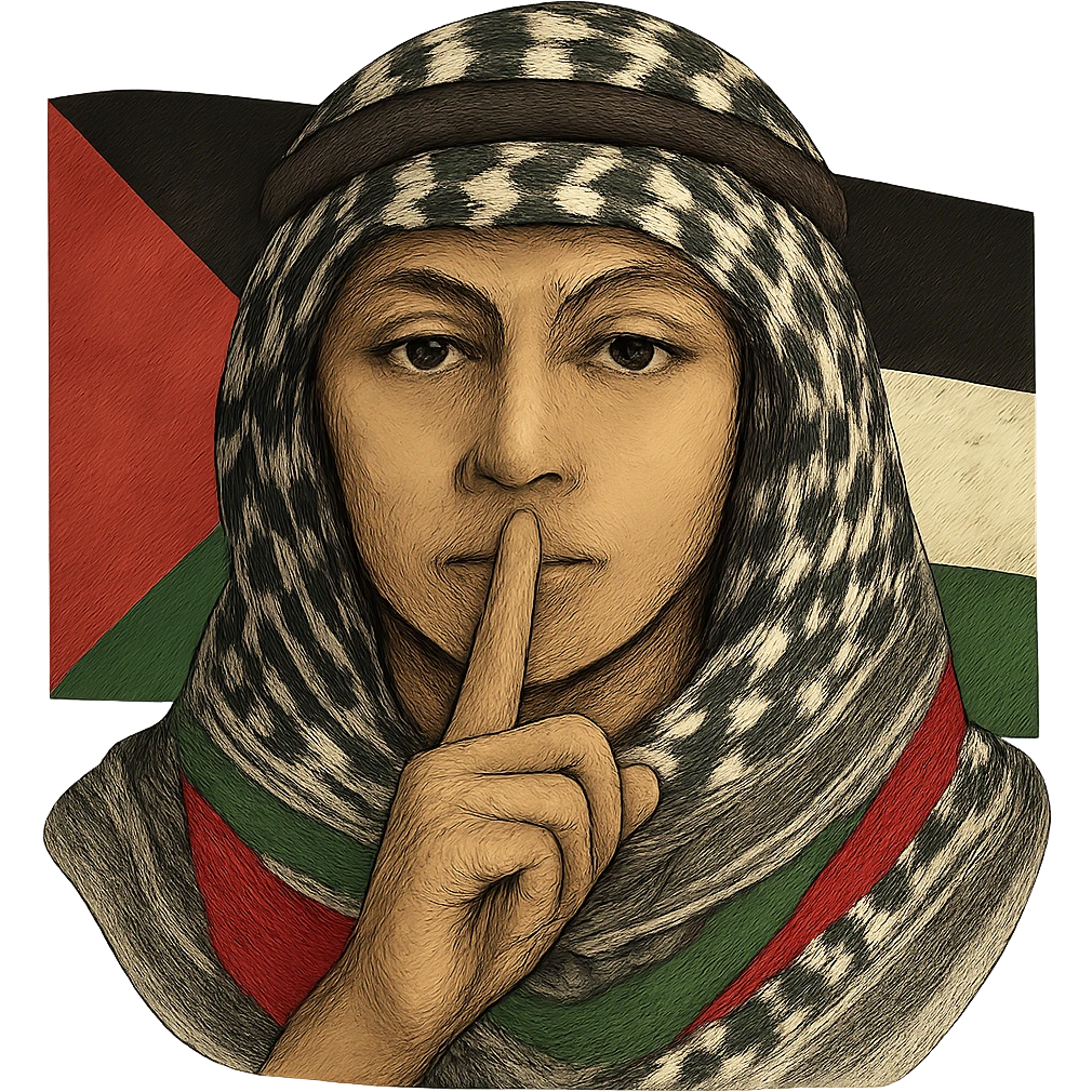 Increase the visibility of the Palestinian flag motif in the background and on the scarf, while keeping the person making the 'shh' gesture as the focus. Remove the background to isolate the subject. The style should maintain the original look and feel of the image. emoji