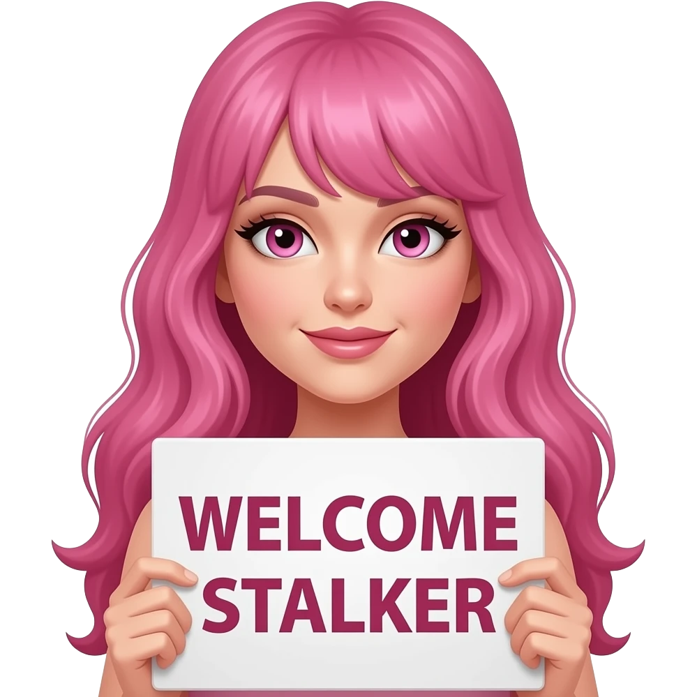 sexy girl with long pink hair and pink eyes wearing a holding a WELCOME STALKER sign emoji