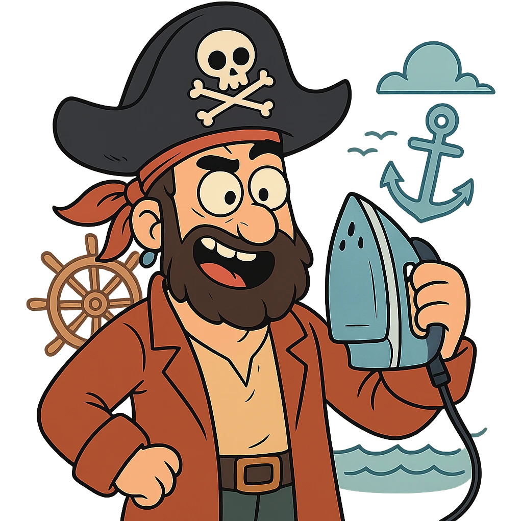 A pirate holding an iron, cartoon style, vibrant colors, playful expression, nautical elements in the background. emoji