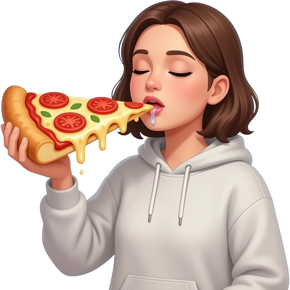 woman drooling while eating an extremely large piece of pizza. the pizza is larger than she is. her eyes are closed. she is wearing a sweatshirt emoji