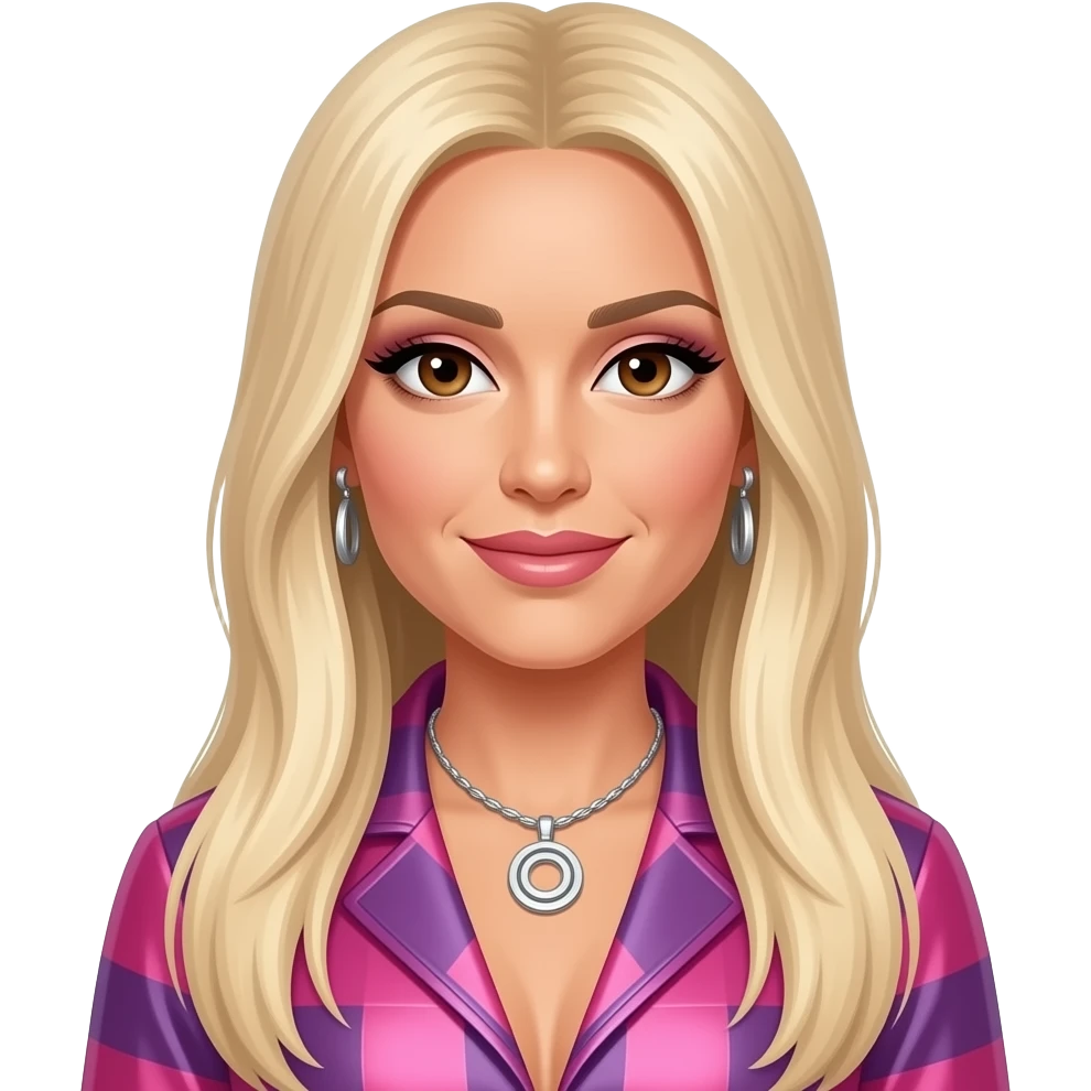 Ashley Roberts from The Pussycat Dolls with brown eyes, long blonde straight hair, pink and purple r&b outfit, necklace and earrings emoji