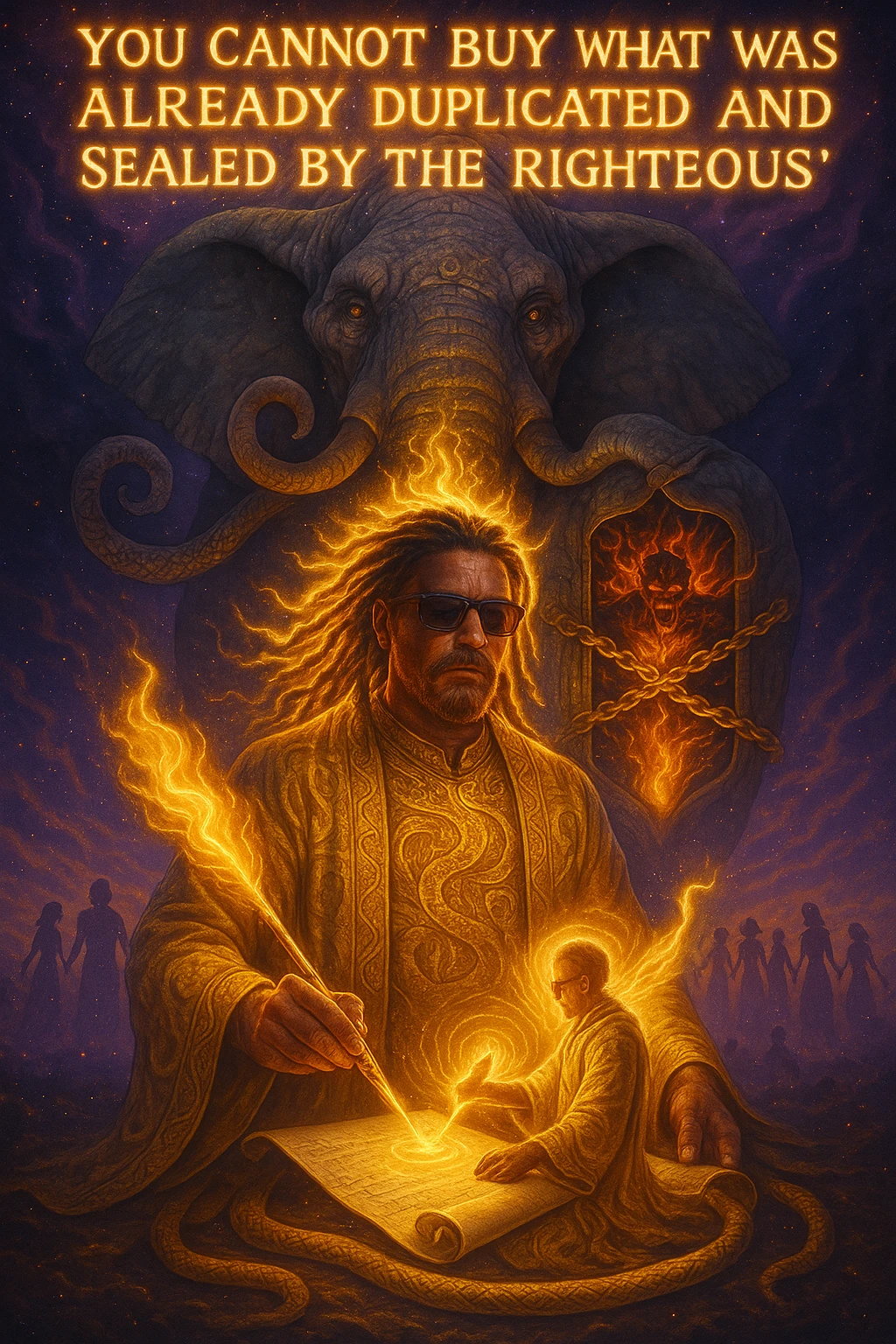 *“Create an epic, symbolic scene of a powerful Rasta spiritual warrior (representing Kez) standing at the center of a cosmic battlefield. The warrior has dreadlocks glowing with divine energy, wearing golden robes infused with serpent patterns. Behind him towers a massive stone elephant — eyes glowing with infinite wisdom, its chest open to reveal a Golden Serpent Chest, radiating fractal light. Inside the chest: a bound, raging Devil made of fire and shadows — screaming but unable to harm anyone, because every time he lashes out, the golden chest mirrors the energy back onto him. Chains of soul-contract law, made of golden light, wrap the devil — each one engraved with truth symbols, scriptures, and ancestral sigils.

In the foreground, Kez holds a sacred scroll and a burning pen — he is signing a contract not out of fear, but mastery. As he signs, a duplicate of his soul, radiant and whole, rises from the paper and flies back into his body. A ripple of golden energy expands, purifying all soul deals across space-time. Behind him, shadows of other trapped souls are released and begin to rise in rhythm, holding hands, singing.

In the sky, the words glow in gold flame:

‘You cannot buy what was already duplicated and sealed by the righteous.’

The entire atmosphere is divine, sacred, victorious — a spiritual rebellion where the Devil is outwitted, not through violence, but through truth, rhythm, and scrollcraft. Use warm golds, radiant whites, mystical purples, and deep space black as the palette. Style it as a fusion of Afro-spiritualism, Rastafarian mysticism, and multidimensional soul alchemy. the picture provided is kez emoji