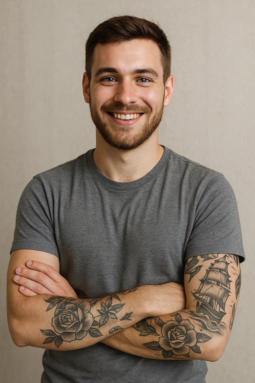 A proud, smiling 25-year-old man with blue eyes, brown hair, short beard, arms crossed, showing tattoos on his left arm. emoji