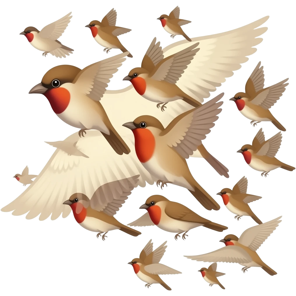 A 3d render iPhone emoji icon of a detailed Brown and red color 3D Render iPhone emojis of a flock of brown and red color songbirds flying in the air emoji