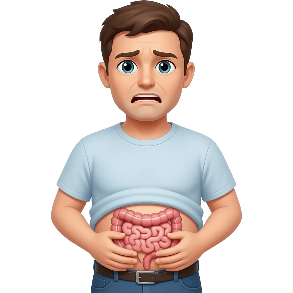 person with abdominal pain with bowel appearing emoji