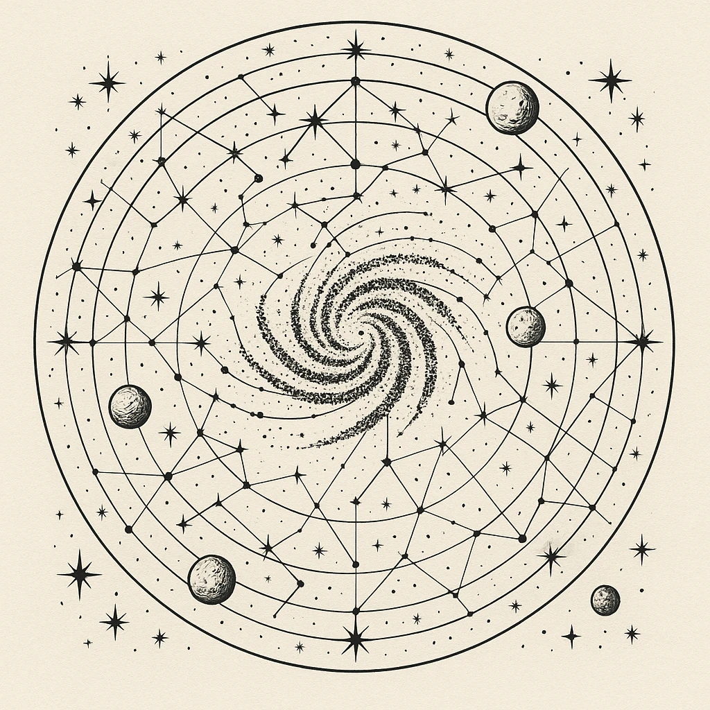 a design for an decorative black and white star map, showing linework of galactic spheres and a constellated ley lines. matrix map. black linework. neat and minimal design, showing expanse and hazards deep into space beyond the galactic core, large tattoo design

 emoji