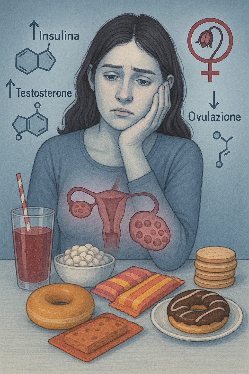 Donna tra i 25 e i 35 anni con espressione affaticata e delusa, seduta a tavola. Davanti a lei cibi ad alto indice glicemico: dolci industriali, cereali raffinati, bibite zuccherate. In trasparenza sopra il suo corpo si vedono ovaie con cisti multiple (PCOS) e un simbolo stilizzato di fertilità (utero con fiore appassito o cerchio spezzato). Attorno a lei fluttuano molecole simboliche come '↑ Insulina', '↑ Testosterone', '↓ Ovulazione'. Atmosfera triste ma educativa. Colori freddi con accenti in rosso e viola. Stile realistico con elementi visivi simbolici chiari in italiano emoji
