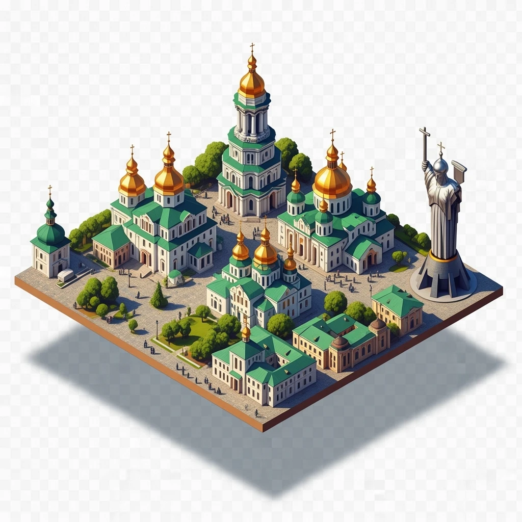 Isometric illustration of photorealistic Kyiv, balanced between paint stylized and realistic, 3D miniature effect, transparent background. emoji