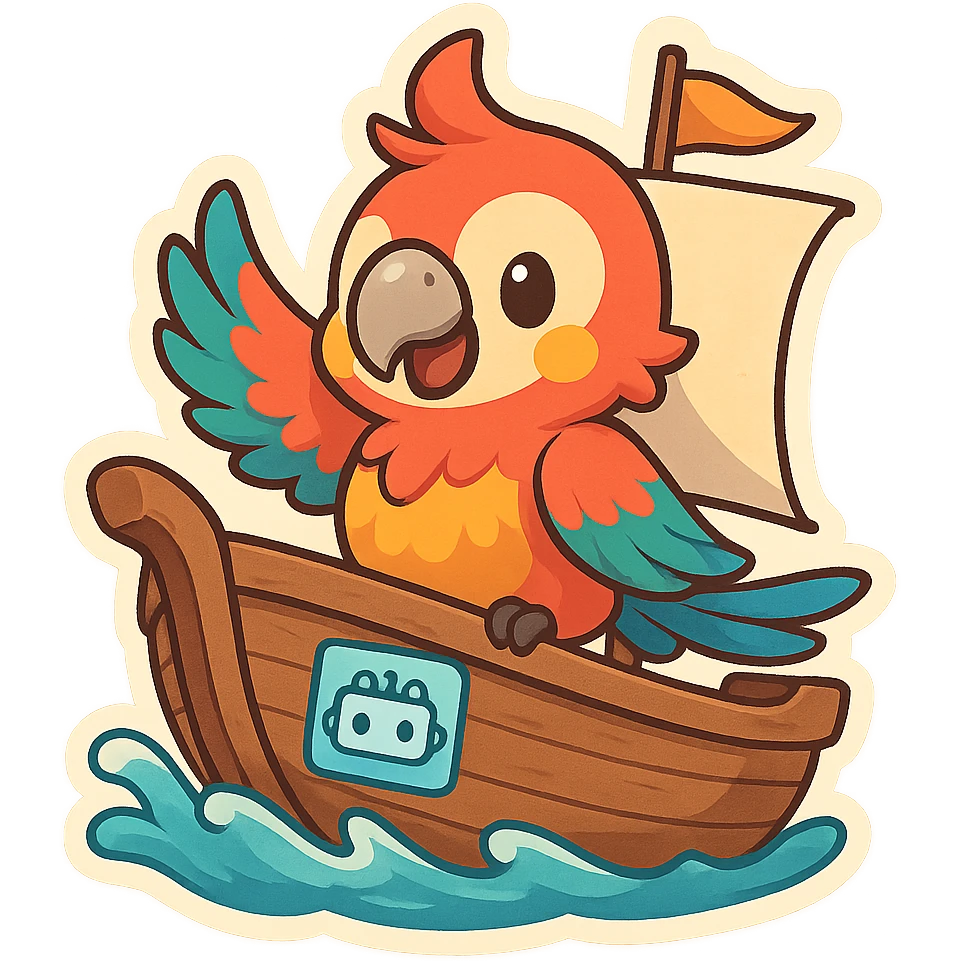 colorful parrot mascot in a ship, with an AI/copilot symbol like a robot face or digital brain on the ship's side, whimsical lively style emoji
