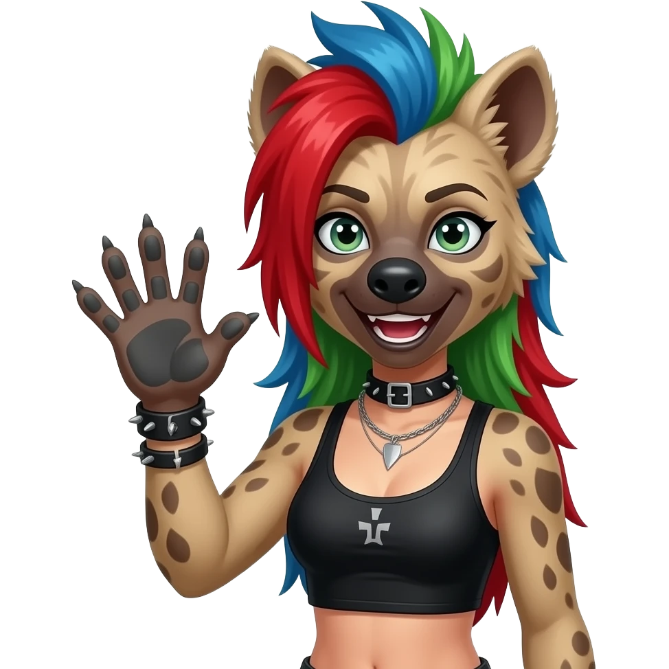 hyène femelle punk cheveux rouge bleu et vert qui fait coucou avec sa pate emoji