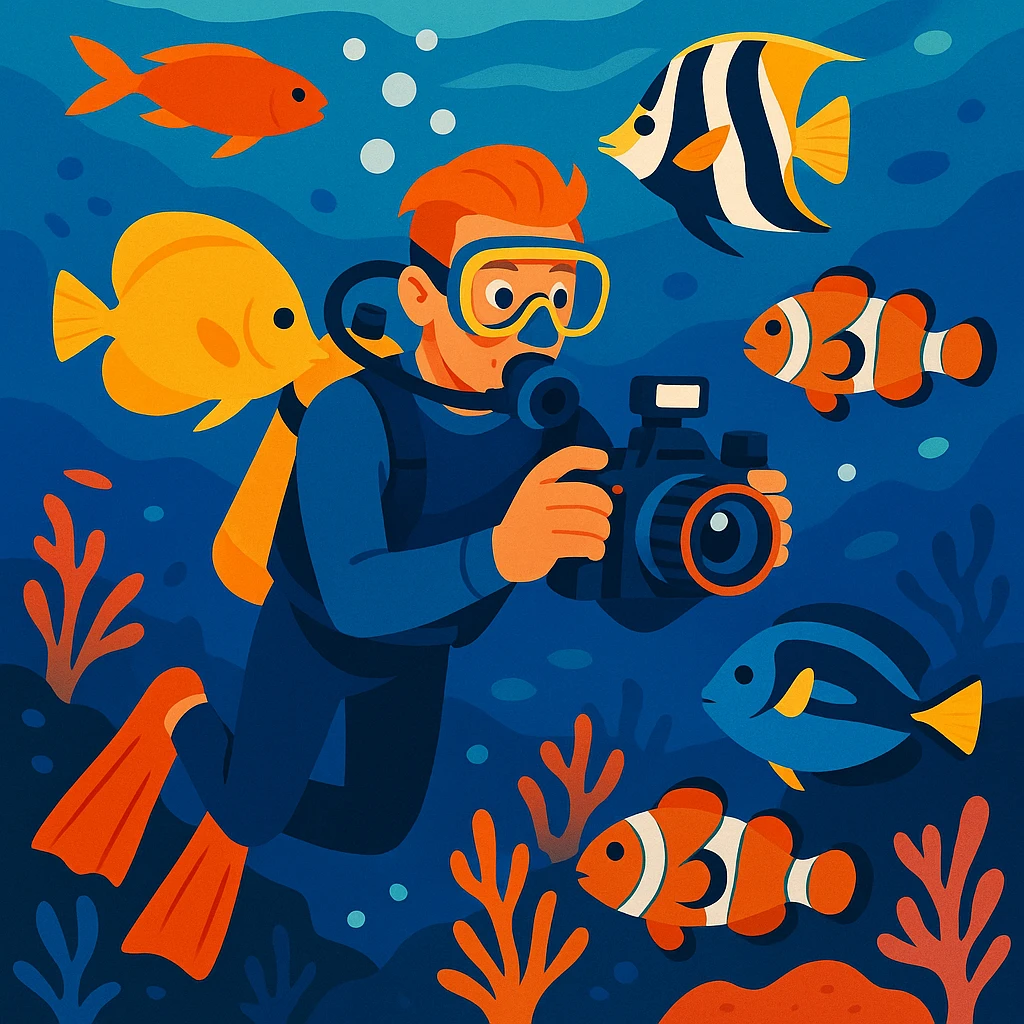 male dive photographer with an underwater camera swimming near colorful fish vibrant semi-realistic illustration style emoji