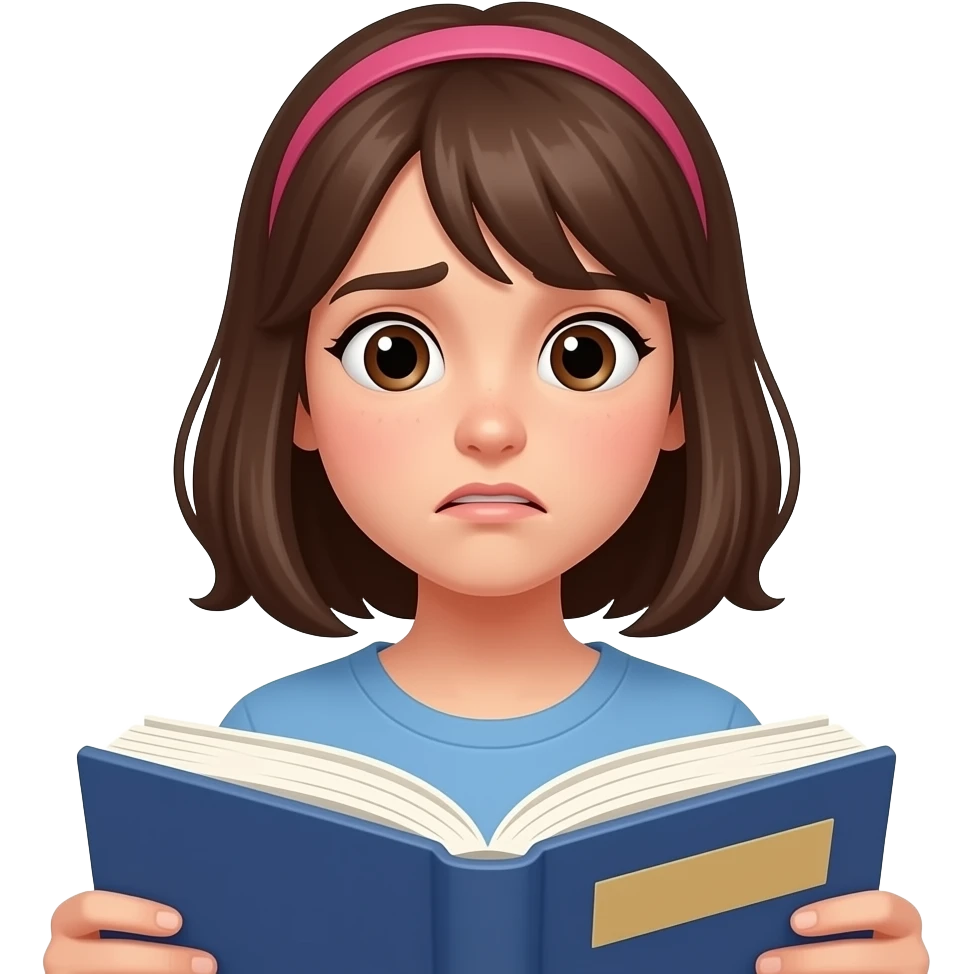 female teenager reading a book looking confused emoji
