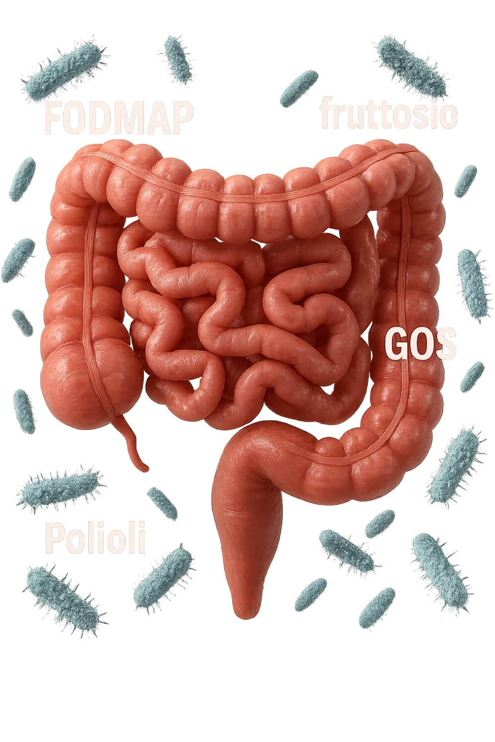 intestino umano anatomico con parole TIPO "FODMAP, fruttosio, lattosio, GOS, Polioli" in italiano CHE GLI FLUTTUANO INTORNO INSIEME A BATTERI INTESTINALI, iperrealistica 4k emoji
