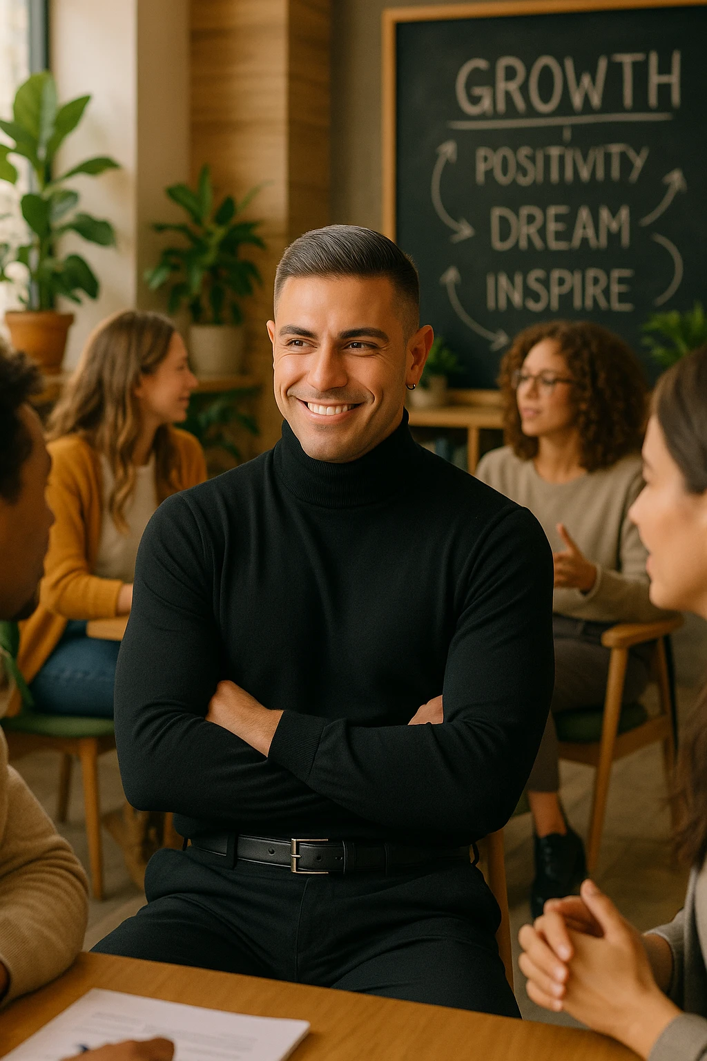 A confident man sitting in a cozy, modern coworking space, surrounded by positive, driven people engaged in creative conversation. He listens, learns, and occasionally smiles, visibly elevated by their presence. Behind him, a chalkboard or whiteboard with empowering words and ideas. The environment is filled with natural light, plants, and soft wooden textures. The atmosphere suggests emotional growth, support, and personal development. emoji