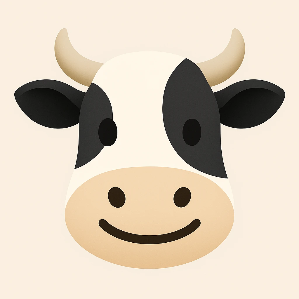 Create a simplified, friendly cow face emoji similar to the reference image. The emoji should have black and white markings and horns, in a simplified emoji-like style. emoji