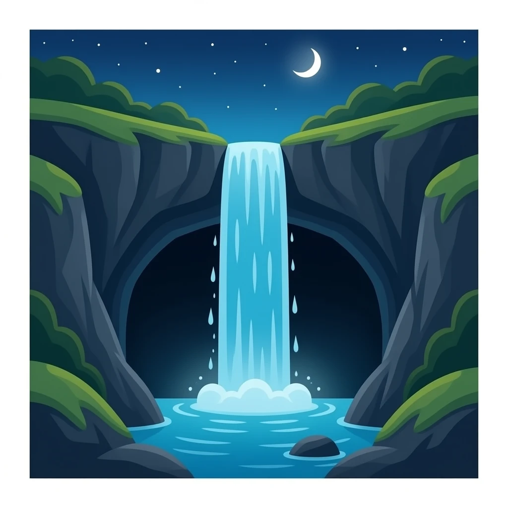 hidden cave under a high waterfall with the water splitting in two emoji