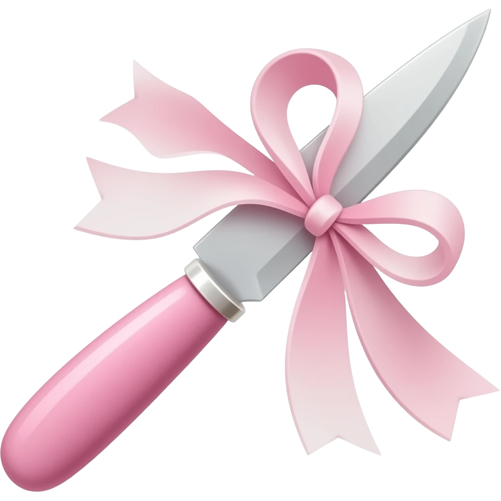 Pastel pink and pastel white dainty neat cute thin slim lanky long sharp edgy knife with a tiny ribbon emoji
