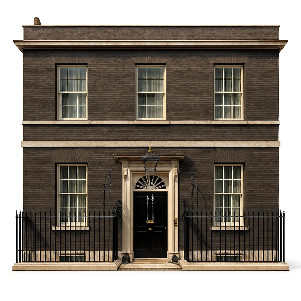 cinematic, realistic emoji of the entire 10 Downing Street building in London, showing the full Georgian brick facade, iconic black door with the number '10', white trim, fanlight window above the door, lifelike detail, accurate colors, bright lighting, zoomed out for a wider angle view, isolated against a white background emoji