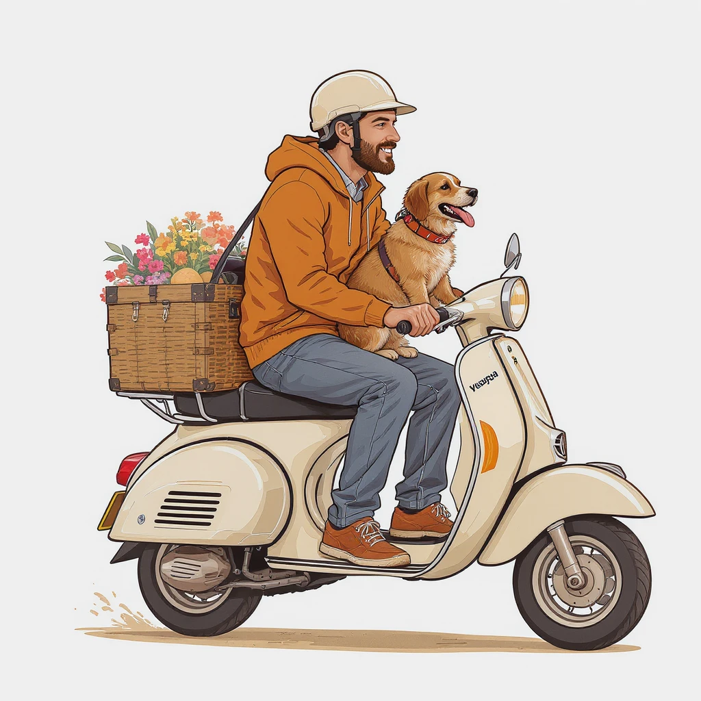 vector art of a man and his pet dog riding a vespa, for website design emoji