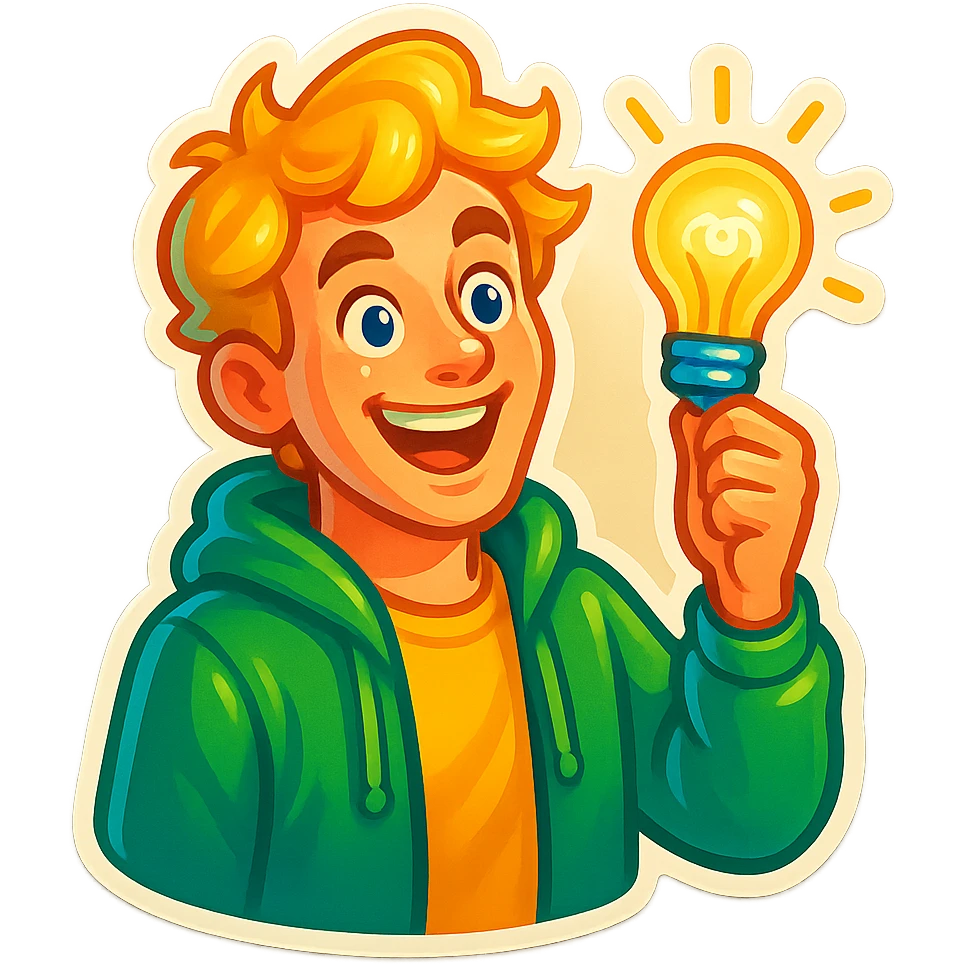 bright and expressive male visionary, fair skin, tousled golden hair, wide joyful eyes, wearing a green hoodie over a yellow tee, one hand raised with a glowing lightbulb, waist-up, front-facing emoji
