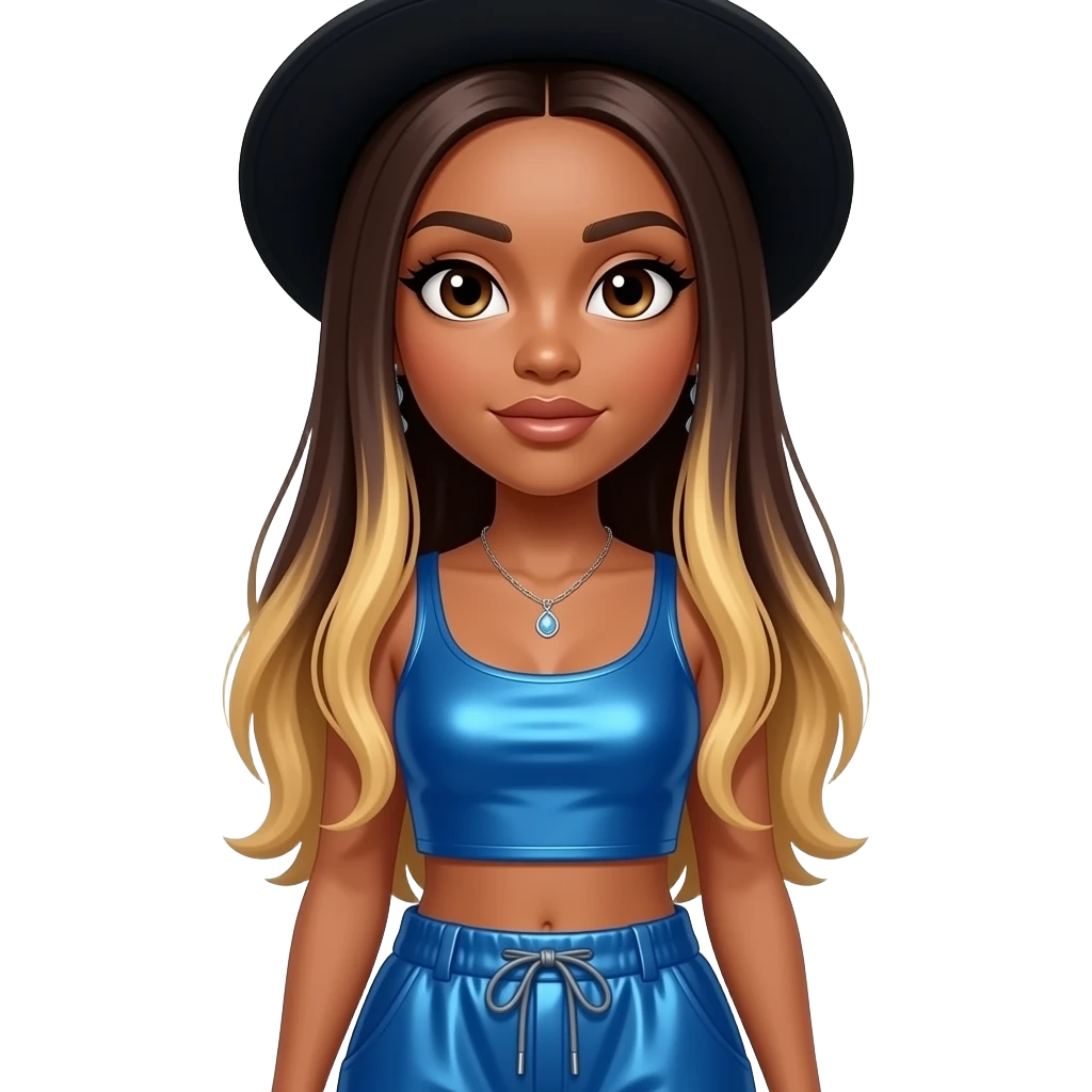Natina Reed from Blaque with dark brown eyes, long dark brown straight hair with blonde ombre, black hat, blue metallic crop top, blue metallic baggy pants, necklace and earrings emoji