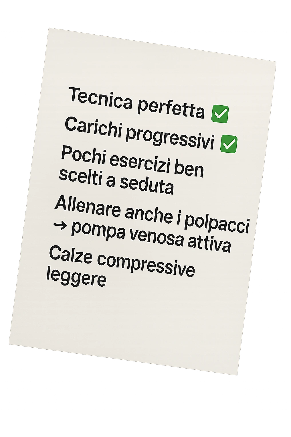 FOGLIO DI CARTA PER L'ALLENAMENTO IN PALESTRA CON LA SCRITTA "Tecnica perfetta
 ✅ Carichi progressivi
 ✅ Pochi esercizi ben scelti a seduta
 ✅ Allenare anche i polpacci → pompa venosa attiva
 ✅ Calze compressive leggere" , IPERREALISTICA 4K emoji