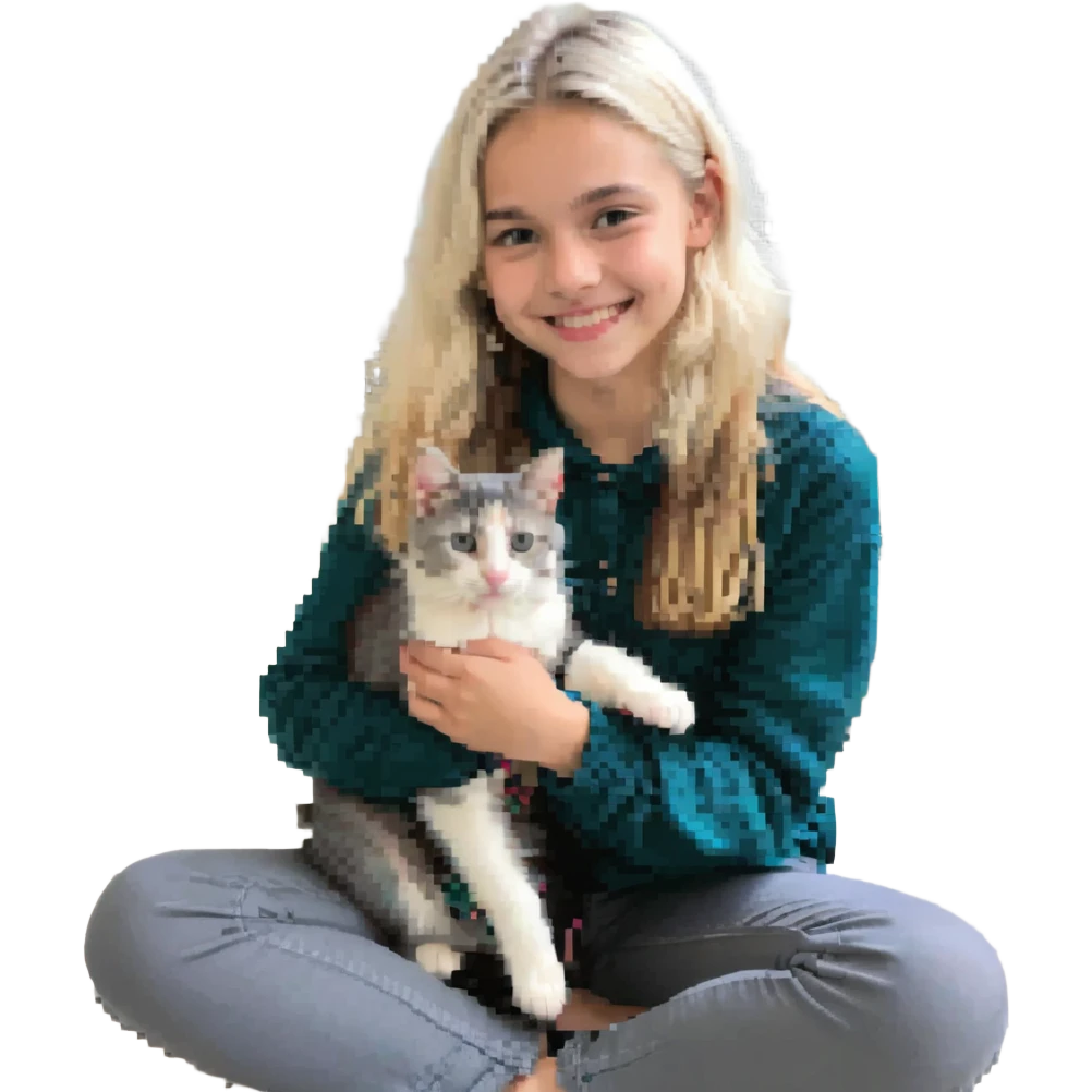 Remix using this girl as the character, petting a gray and blonde mixed cat in pixel art style. The girl is smiling with the cat on her lap. emoji