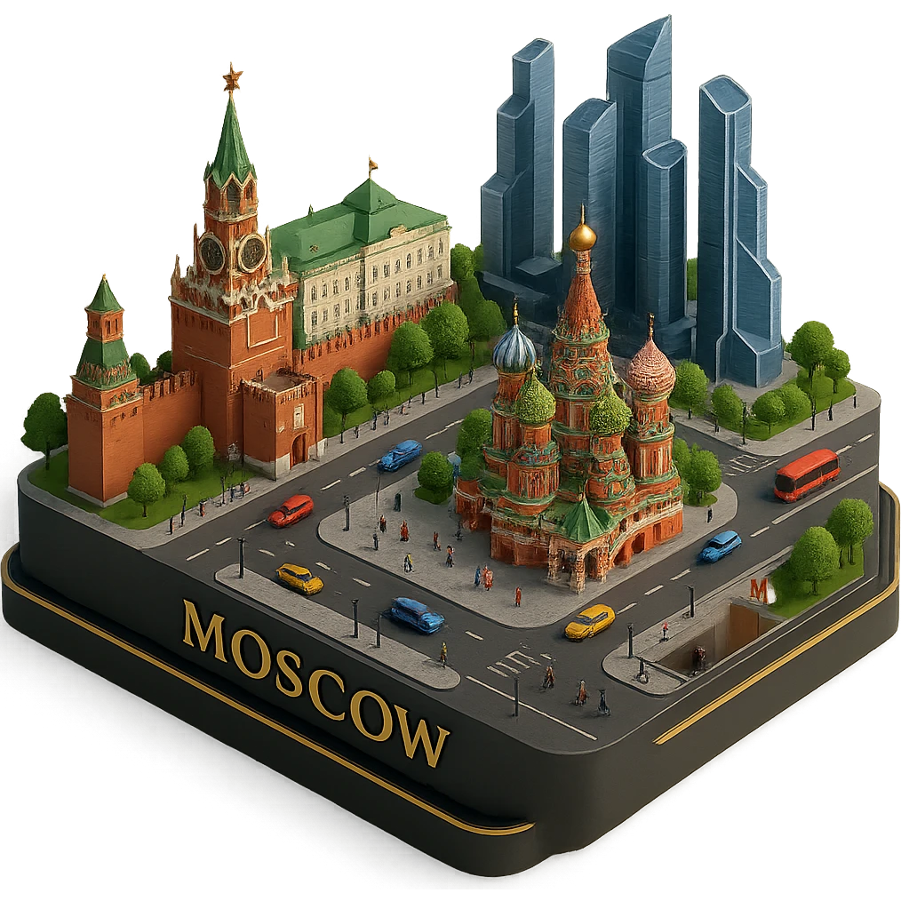 Изометричная миниатюрная 3D модель Москвы на подставке - фотореалистичный Кремль, собор Василия Блаженного, фотореалистичный Башни Москва-Сити, аккуратная детализация, яркие цвета, мультяшный реализм, гуляют люди и современный автотранспорт и метро, компактная композиция, вид сверху в изометрии emoji