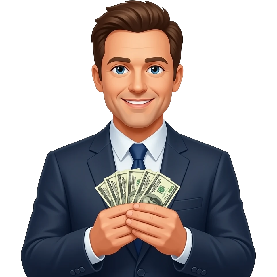 Ashton Kutcher holding money with his hands in apple style emoji