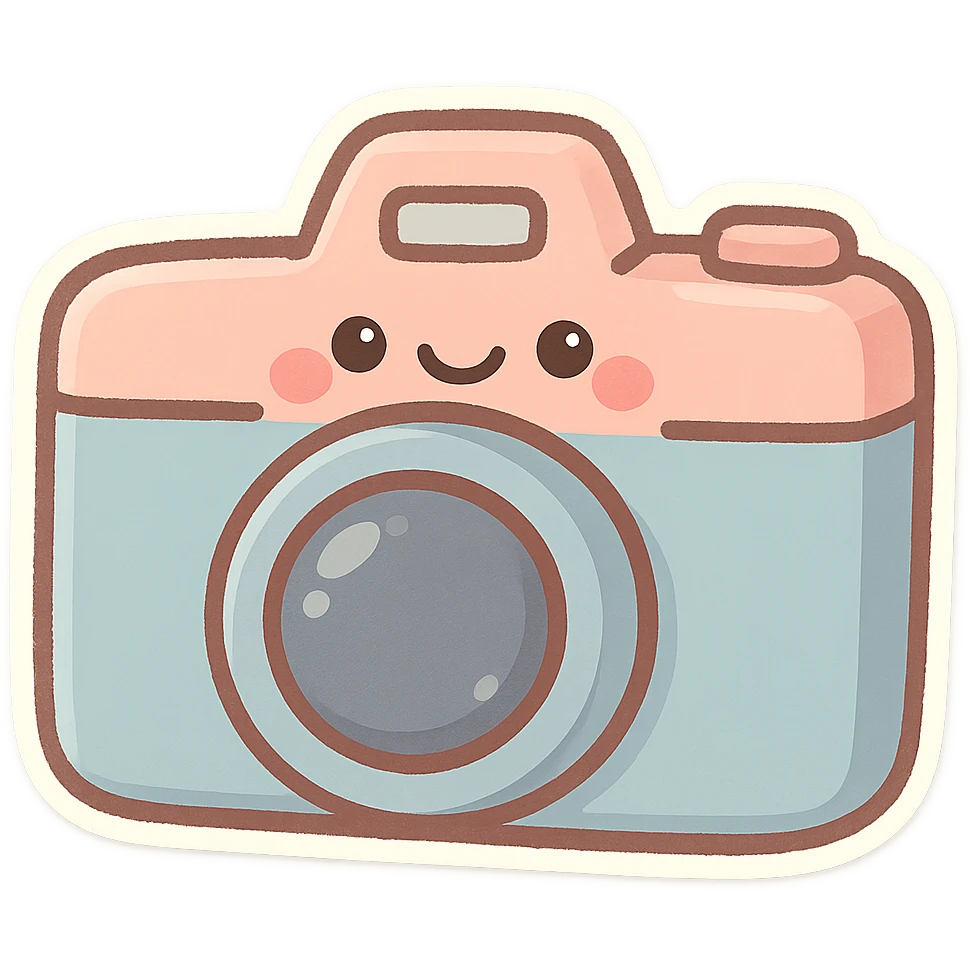 chibi sticker-style camera with a smiling face, cute and exaggerated emoji