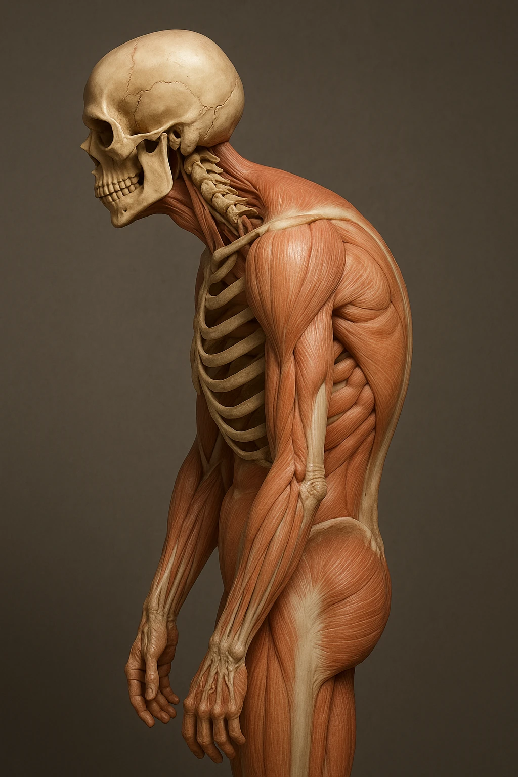 corpo UMANO ANATOMICO di profilo con spalle chiuse in avanti, postura errata, iperrealistico 4k emoji
