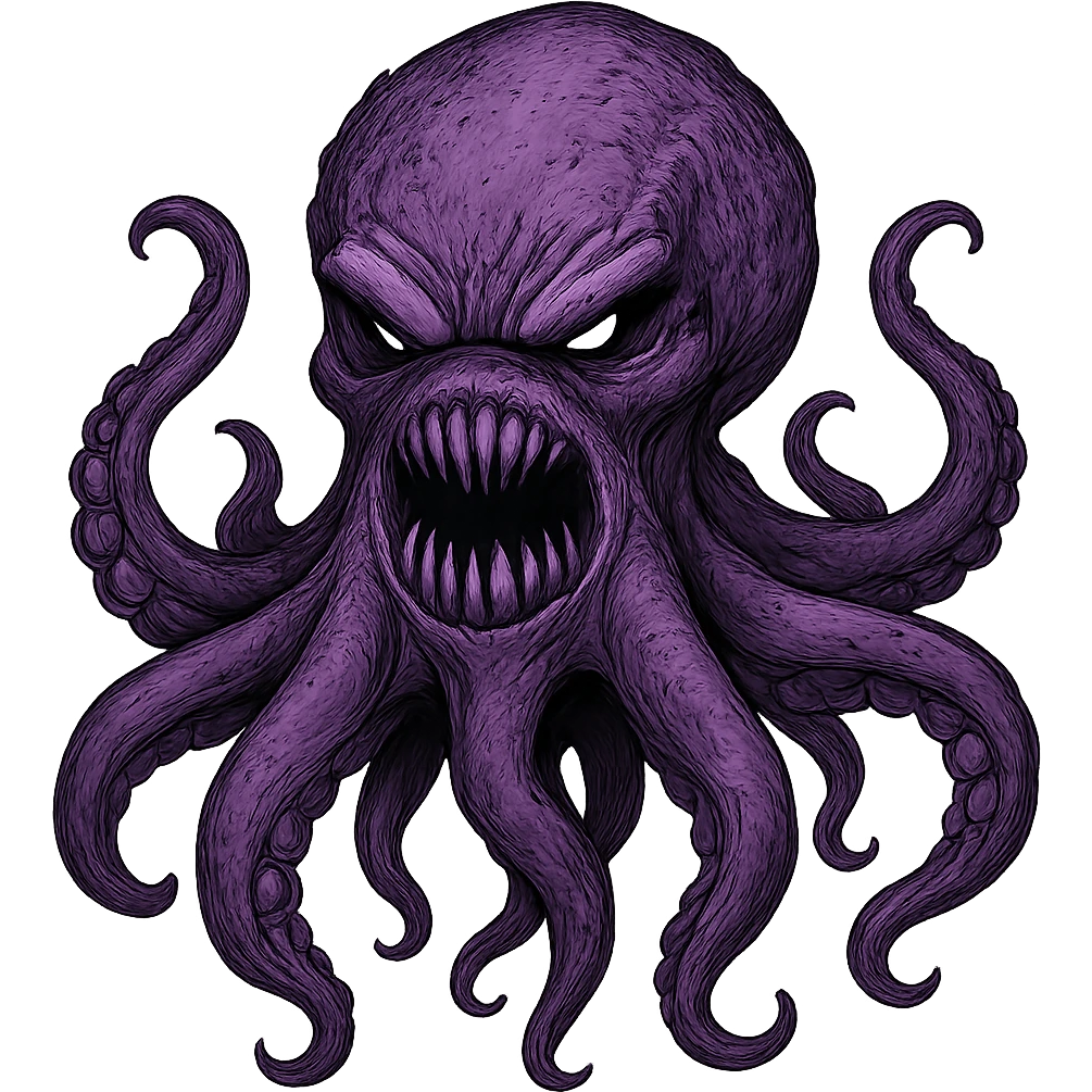Remove the nose, make the octopus look scary, keep the purple color, with no background. Maintain the original style and details of the octopus while making it look scary and purple. emoji